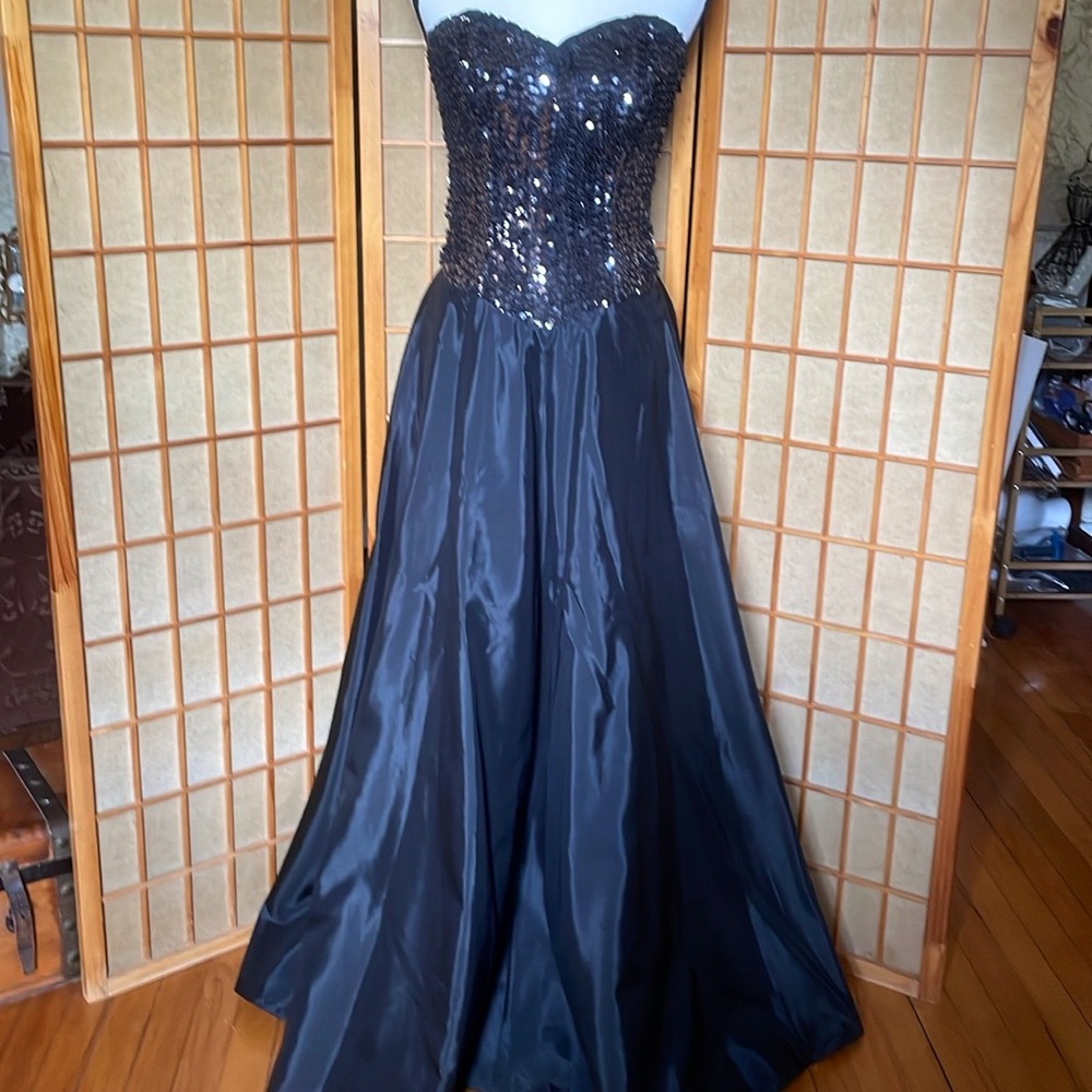 Gown Dress Elegant Black Strapless Sequin Sateen Formal Gown Dress
